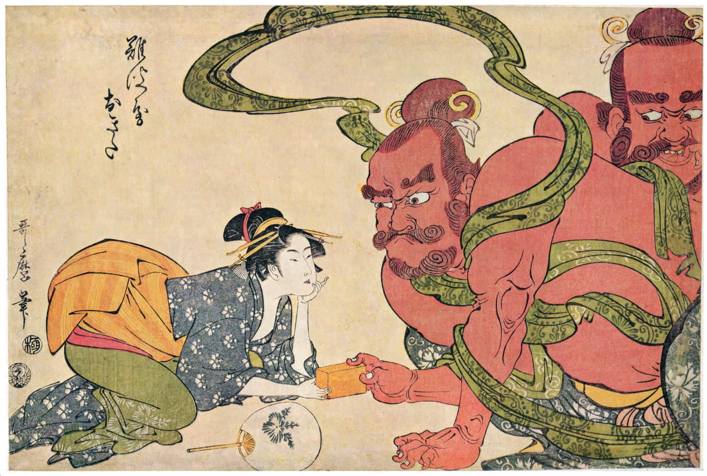Naniwaya Okita and a Temple Guardian Statue in a Tug of War with a Pillow "おきたと仁王の枕引き"